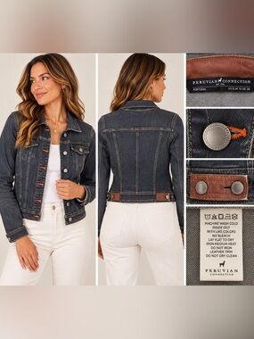 Peruvian Connection Dark Wash Denim Jacket Leather Trim Orange Stitch Size 6